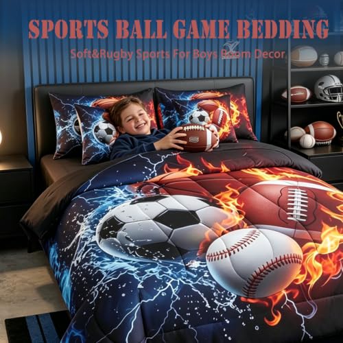 Image of Feelyou Boys Sports Comforter Set with Sheets 7 Piece Queen Size Football Baseball Soccer Bed in a Bag Kids Boys Girls Basketball Bedding Set Ball Game Sports Bedroom Decor Breathable Soft Microfiber
