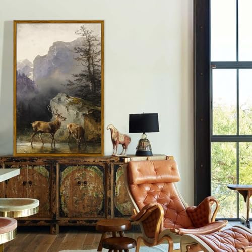 crmotu Vintage Framed Wall Art, Animal Deers Painting Canvas Prints, Mountain Mist Landscape Rustic Home Decorations, Nature Aesthetic Pictures Wall Decor Living Room Bedroom Bathroom Kitchen 20x30in