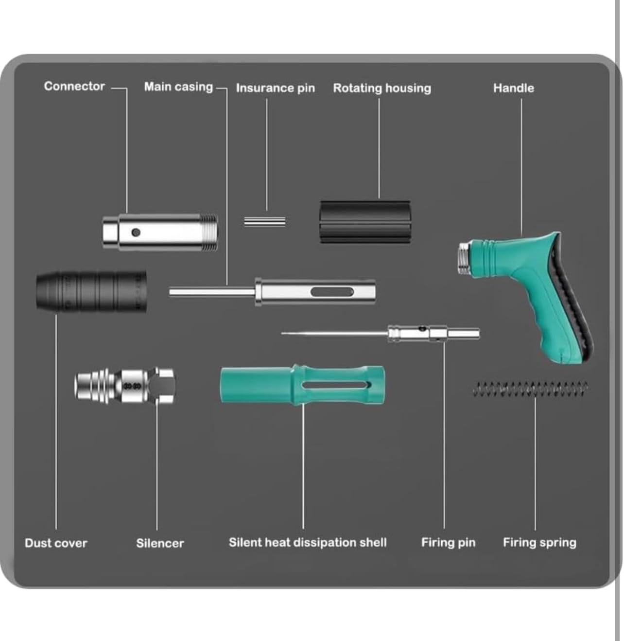 Bdit accessoires Pistolet à clous, pistolet à ongles à air comprimé manuel, tire des clous pour ciment et fer, cloueuse avec 10 clous ronds - pour acier et béton - Facile à utiliser