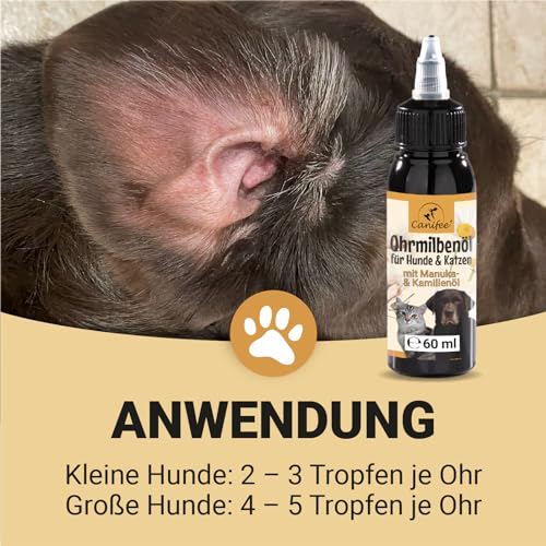 Canifee - Ohrentropfen für Hunde und Katzen, Ohrenmilbenöl mit Manuka-Öl bei Hefepilz und Ohrmilben, 60ml Flasche mit fein einstellbarem Dosierkopf, natürliches Pflegeöl gegen Entzündungen
