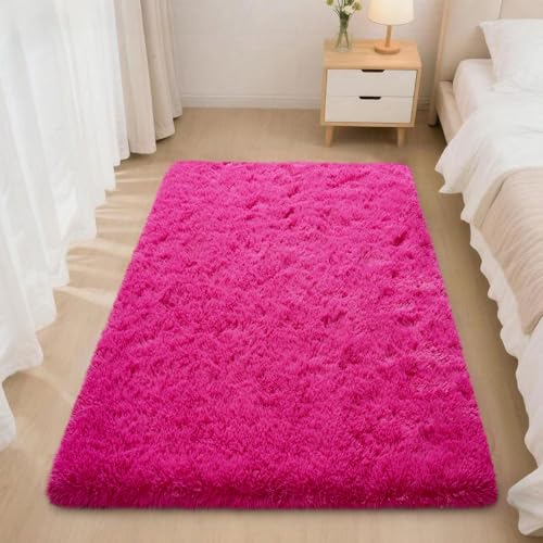2x3 Rugs for Bedroom, Fluffy Area Rugs for Living Room, Soft Shag Kids Rug Small Carpet with 4 Non-Slip Rug Pads (Hot Pink,2ft x 3ft)