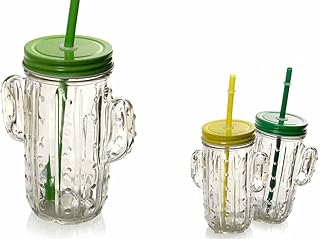 Kasahome Set 6 Bicchieri con Cannuccia in Vetro Trasparente Barattoli Brocca Forma Cactus Bicchiere Barattolo Bevande Cocktail 400 ML Colori Assortiti