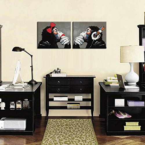 Kreative Arts Modern Framed Canvas Painting Thinking Gorilla Monkey With Headphones Wall Art Music Animal Posters Prints Home Decor Stretched And Framed Ready To Hang 16X20Inchx2Pcs #TOP1