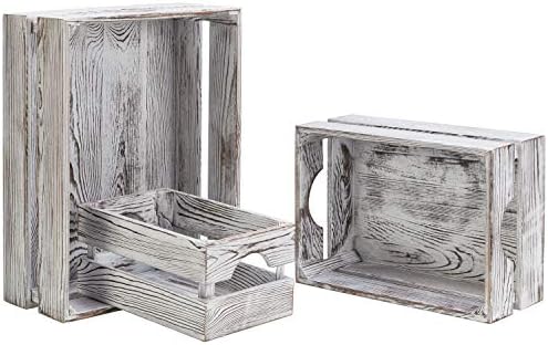 MyGift Shabby Whitewashed Solid Wood Storage Organizer Box with Handle, 3 Piece Various Size Decorative Nesting Crate