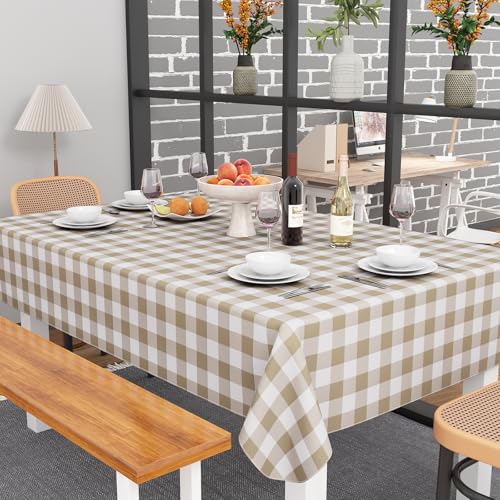 Image of misaya Square Waterproof Vinyl Table Cloth, Buffalo Flannel Backed Tablecloth, Wipeable Plastic Table Cover for Dinner, Kitchen, Outdoor (70 inch x 70 inch, Khaki and White)