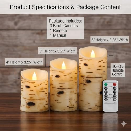 Image of Comenzar Flameless Candles Birch Bark Texture, Flickering Flame Battery Operated LED Candles, Electric Plastic Candles with Remote Timer for Home Decor, Rustic Wedding Centerpiece, Gift Set of 3