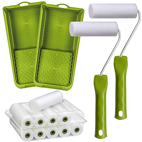 Lackierset 10 x Schaumwalze 11 cm fein gerade | 2 x Farbroller Bügel | 2 x Farbwanne | Malerset Lackierwalzen Lackierrolle Schaumstoff Rollen | Bügel Farbrollen Set klein| Lackwanne Streich Set