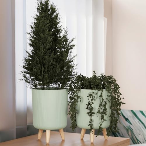 Image of StyleX Store Modern Flower Pot with Plastic Legs | Indoor Outdoor Planter for Home Garden Balcony Decor Ribbed Design Sturdy Plastic Mid-Century Style (saga Green Pack of 2)