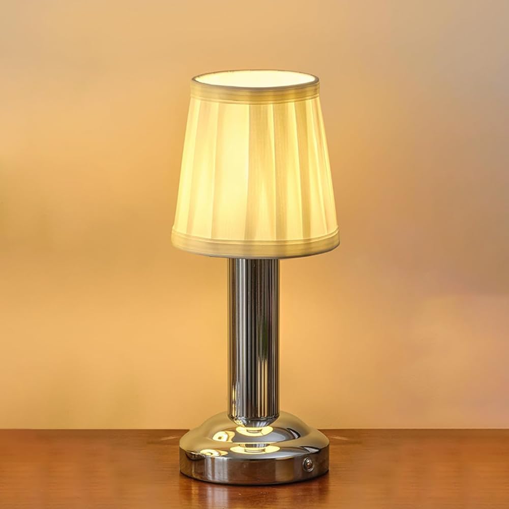 LOGT Wireless LED Table Lamp, Rechargeable Bedside Lamp, Dimmable Vintage Table Lantern Battery Operated 3 Brightness Settings Desk Lamp with Fabric Shade Ideal for Bedside Tables Bedrooms,Chrome