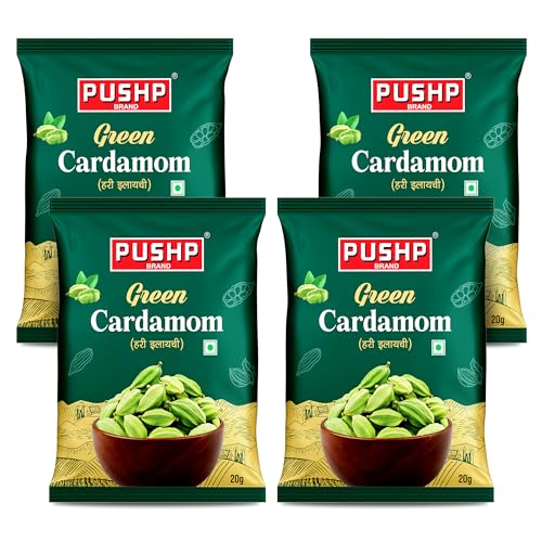 Pushp Green Cardamom Whole Elaichi 20 g | 8-9 mm Size | Pack of 4 | Sabut Hari Elaichi | Rich Aroma & Natural Freshness | Source from kerala |