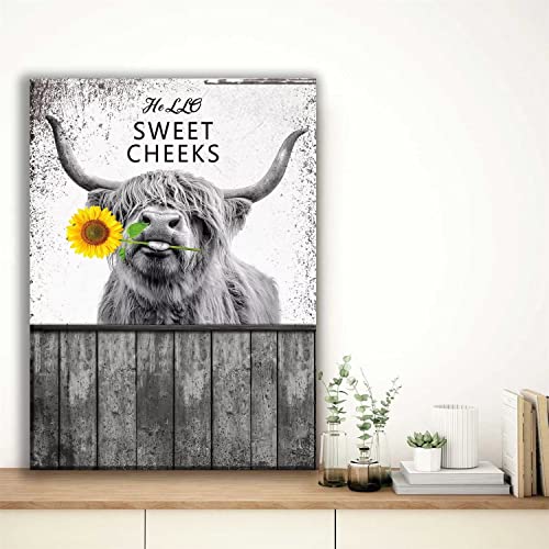 Highland Cow Wall Art, Cow Pictures Wall Decor, Black And White Rustic Highland Cow With Sunflower Pictures For Wall Decor, 12X16 Inch Framed Ready To Hang, Farmhouse Highland Cow Canvas Wall Art Decor Poster For Bathroom Living Room Bedroom Wall Art Decor #TOP4