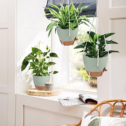 Vanslogreen 41.5 Inch Macrame Plant Hanger Indoor Outdoor with 12 Inch Flower Pot, Hanging Planter for Plants Holder with Wood Beads for Boho Home Decor (Ivory+Green)