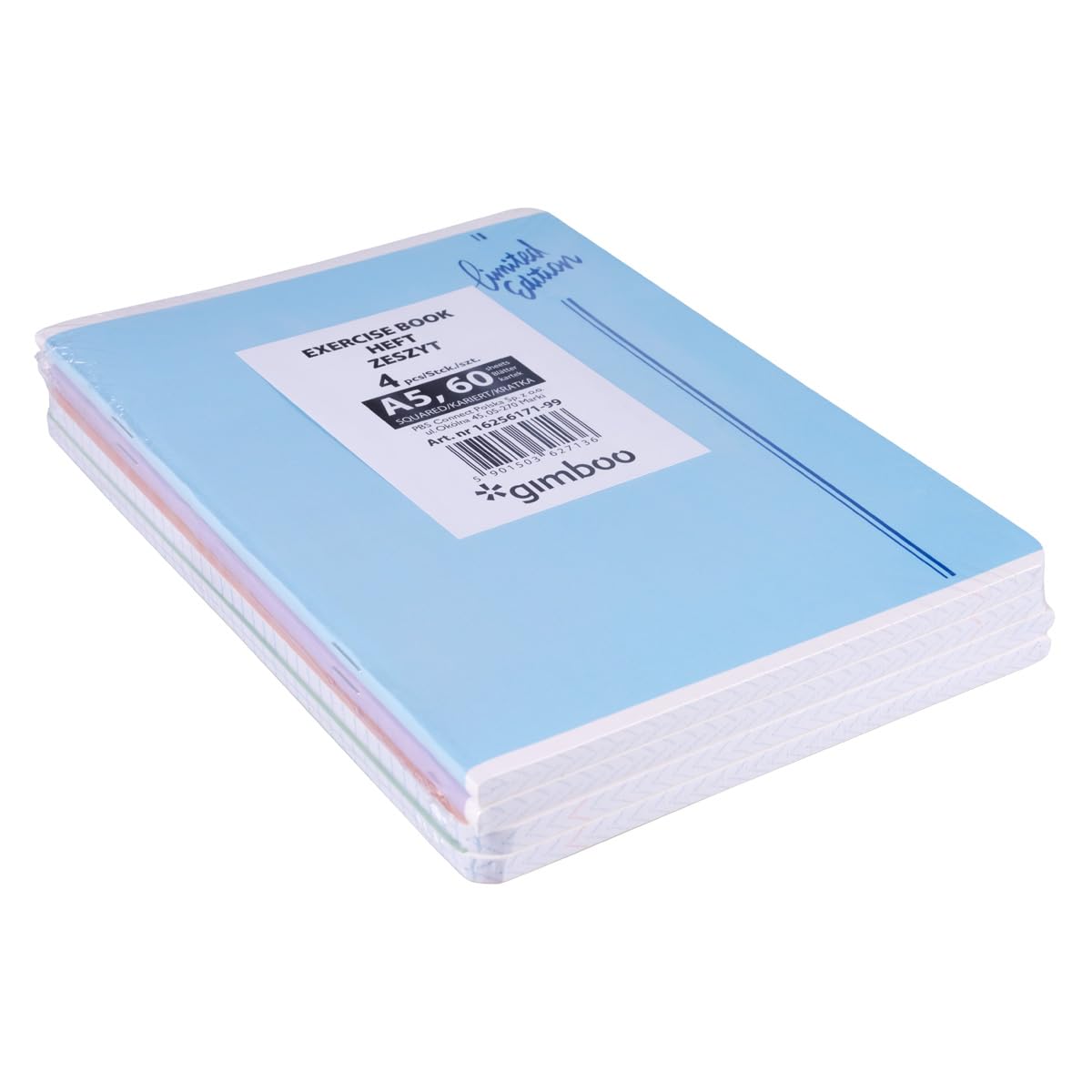 Quaderno scolastico A5 60/60 fogli a quadretti misto confezione 4 pezzi motivi assortiti bordo biglietti bianchi blu