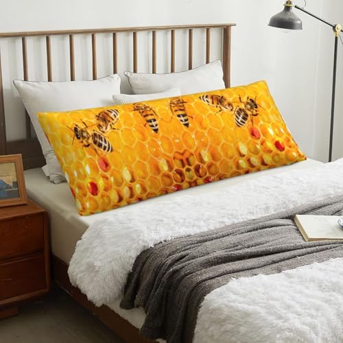 TZTTZT Bees on Hive Honeycomb Body Pillow Cover 20x60in, Super Soft Body Pillow Cover with Zipper, Breathable Long Body Pillow Case Cover