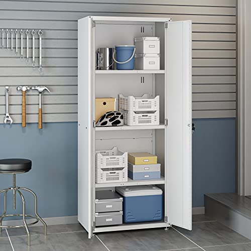 Image of Manhattan Comfort Fortress Textured Metal 75.4 inch Garage Cabinet with 4 Adjustable Shelves in White