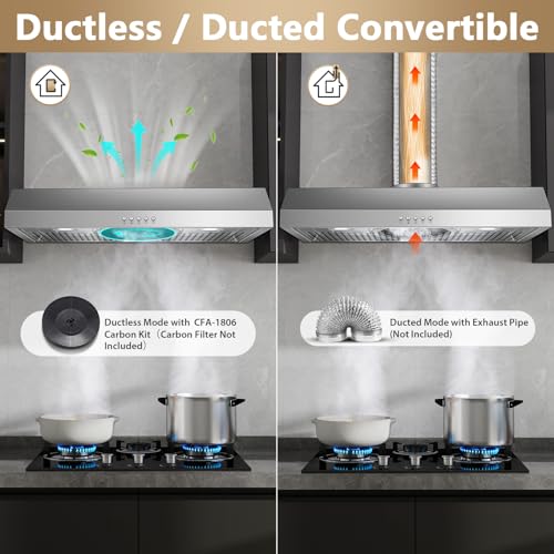 Image of Under Cabinet Range Hood 30 inch, Stainless Steel Kitchen Hood 800CFM, Stove Hood with Push Button Control, Baffle Filters, Ducted /Ductless Convertible Duct