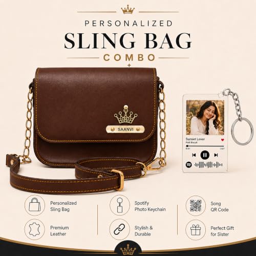 Image of SAVRI Personalized Rakhi Gift for Sister | Customized Leather Sling Bag with Name & Charm and Spotify Photo Keychain with Favourite Song, Personalised Gift Combo for Sister, Behan, Didi- Bro Sis Gift