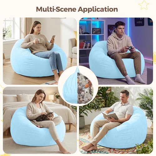 Image of Stuffed Animal Storage Bean Bag Chair Cover for Adults (No Filler), Soft Comfy Velvet Beanbag Chair Cover Machine Washable, Adults Bean Bag Chair with Handle for Living Room Bedroom,Light Blue