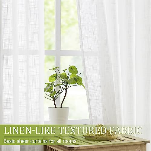 Image of Semi-Sheer White Curtain Panels for Living Room 96 inches Long Wrinkle Free Linen Textured Look Farmhouse Window Treatment Set for Bedroom Privacy Not See Through 54 inchw 1 Pair Grommet Top