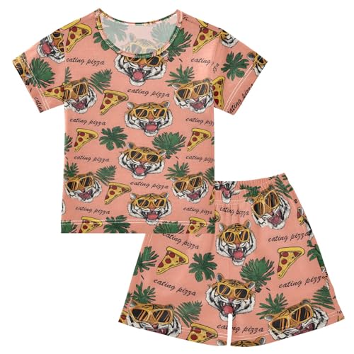 Tiger with Pizza Cartoon Pattern Summer Cute Pajama Sets, Short Sets for Daily Wears and Sleep Wears