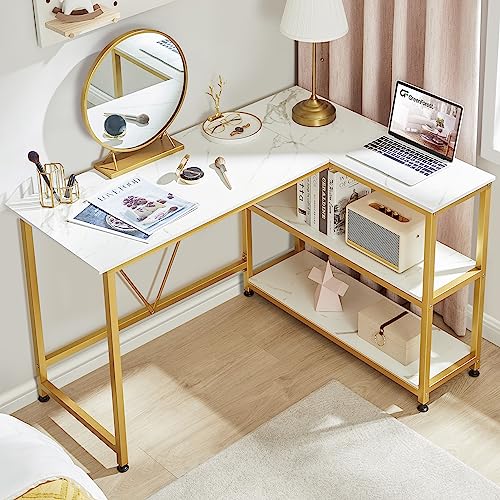 Greenforest L Shaped Desk 47 Inch Small Size Corner Desk With Storage Shelf Writing Computer Desk Saving Space For Home Office Pc Workstation Laptop Table, Marble #TOP5