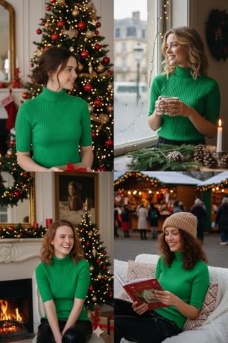 Image of v28 Women Turtleneck 1 /2 Half Sleeve Highly Stretchy Ribbed Knit Fitted Sweater