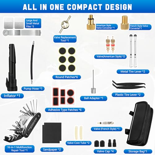 Ninonly 38PCS Kit de Reparación de Bicicletas Kit de Reparación de Bicicletas con 120 PSI Mini Bomba y 16 en 1 Multiherramienta para Camping Viajes Esenciales Bolsa de Herramientas - imagen 6
