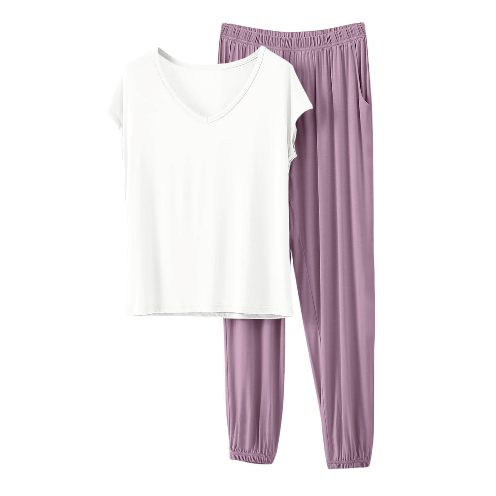 HGps8w Women's Modal Soft Summer Pajamas Sets, Loose V Neck Short Sleeve Top Joggers Pants Matching 2 Piece Lounge Outfits