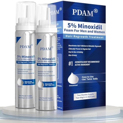 Image of PDAM 5% Minoxidil for Men and Women Foam - Clinically Proven to Regrow Thinning Hair, Topical Hair Loss Treatment, Maximum Strength Foam for Thicker & Fuller Hair, 2 Month Supply (2 x 2.11 oz)