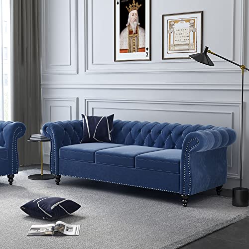 Image of ORRD 2 Pieces Living Room Set, Velvet Couch Chesterfield Sofa Loveseat with Scroll Arms and Nailhead for Living Room, Office (Blue)