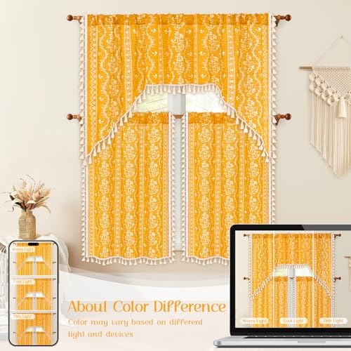 Image of Yinhua Boho Kitchen Curtains 36 Inch Length Vintage Linen Cafe Curtains Light Filtering Bohemian Floral Tier Rod Pocket Farmhouse Rustic Tassel Small Drapes with Tiebacks, 2 Panels, Yellow