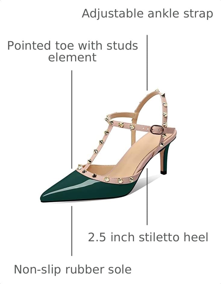 Image of XINIUNIU Studded Heels for Women Kitten Heels with Studs Stiletto Sandals with Rivet Ankle Strap Patent Leather Pointy Toe 2.5 Inch Party Daily Wear Evening Sandals