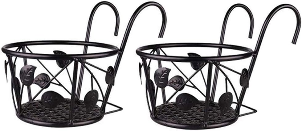 Hanging Railing Planter Iron Art Hanging Baskets Flower Pot Holder Hanger Over The Metal Fence Rail for Patio Balcony Porch or Fence Planters Assemble (Leaf, 2pcs Black)