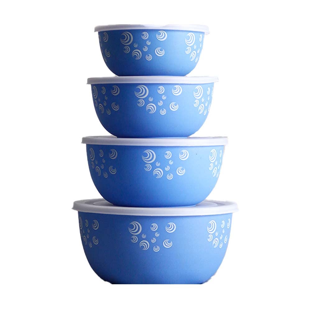 ASHU KITCHENWARE Stainless Steel Microwave Safe Matte Bowls with lid (BLUE PRINTED SET OF 4)