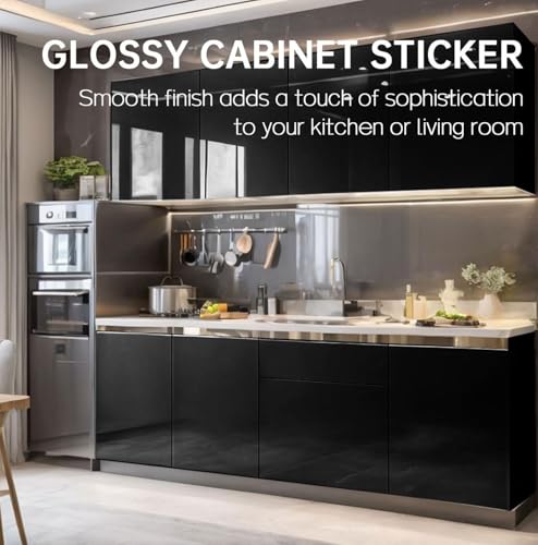 Image of ONETON Glossy Black Contact Paper Decorative Self Adhesive Counter Top Peel and Stick Wallpaper for Kitchen Cabinets Shelf Drawer Liner Desk Dresser (Black Glossy WP, 24x50 inch)