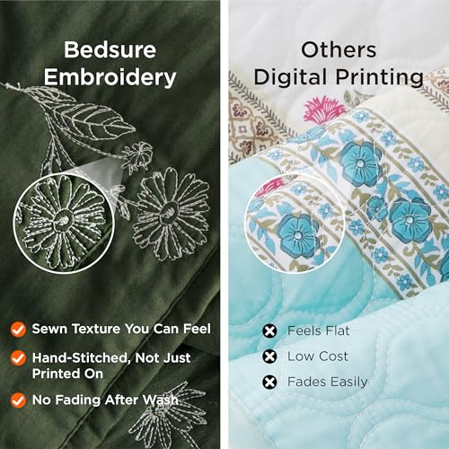 Image of Bedsure Botanical Floral Quilt King Size for Modern Farmhouse Decor, Luxurious Summer Bedding Set, Super Soft Bedspread King Size, Lightweight Comforter with 2 Pillow Shams, Olive Green, 106x96 Inch