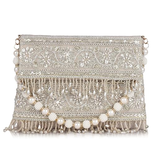 Image of Nevis PU Silk Fabric Women's Embellished bride Clutch with Pearl Handle | Fancy Designe & Wedding Potli Bag for Festive & Evening