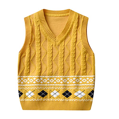 Toddler Baby Boy Girl Cable Knit Sweater Vest Sleeveless Pull Over Waistcoat Top Fall Winter Clothes (v Neck-Argyle Yellow, 4-5T)