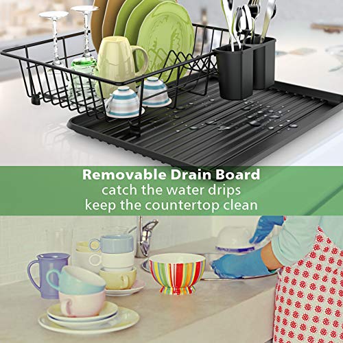 Dish Drying Rack, F-color Dish Rack with Water Tray, Utensil Holder, Anti Rust Dish Drainer for Kitchen Counter Top Dish Rack Wire Holder, 16.4 x 12 x 4.3 inch, Black