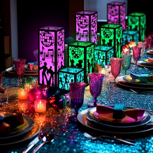 Image of Rossesay 24 Pcs Disco Centerpieces for Table 3 Size 70s Disco Ball Dancer Paper Lantern Boxes Let's Boogie Table Ideas Decorations for 70s 80s Music Themed Party Decor Birthday Decorations