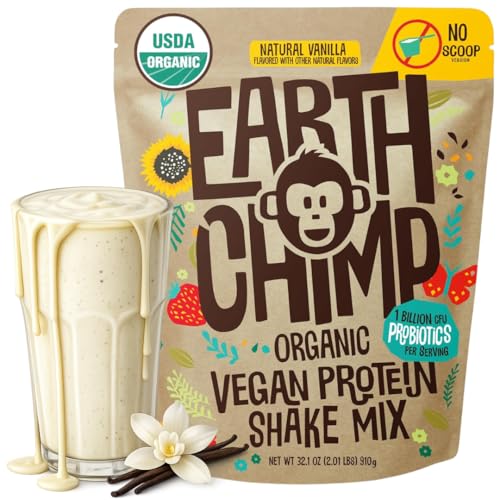 Earthchimp Organic Vegan Protein Powder - With Probiotics - Non Gmo, Dairy Free, Non Whey, Plant Based Protein Powder For Women And Men, Gluten Free - 26 Servings 32 Oz (Vanilla) No Scoop
