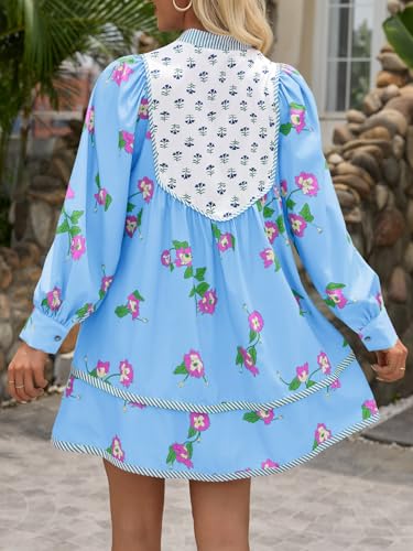 Image of Wenrine Womens Casual Floral Mini Dress Fall Long Sleeve V Neck Patchwork Loose Boho Shirt Dresses
