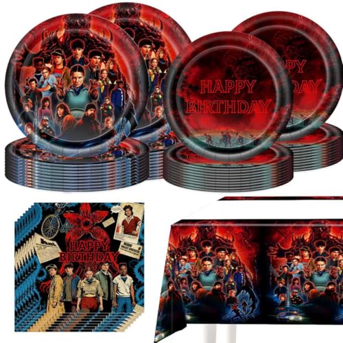 61Pcs Stranger TV Tableware Set Movie Theme Birthday Party Decorations Include 20 Plates 7 20 Plates 9 20pcs Napkins and 1 Tablecloth - Serves 20
