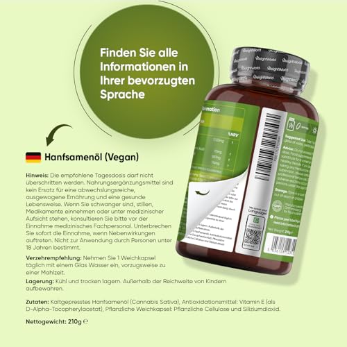 Hanföl Vegan Softgels - 1000 mg Kaltgepresste Hanfsamenöl - Reich an Omega 3, 6 & 9-1 Weichkapsel täglich - 180 Weichkapseln - 6 Monate Vorrat - Hemp Seed Oil von WeightWorld