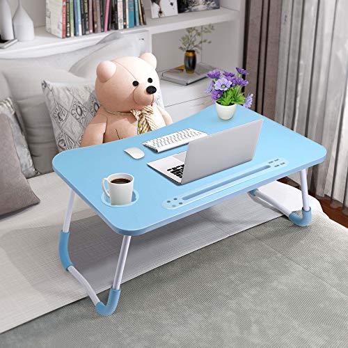 Image of Slendor Foldable Lap Desk with Cup Holder for Bed, Couch, Floor | Portable,with USB Light, Fan, Pen Holder,Tablet Holder,for Laptop,Writing,Eating,Blue