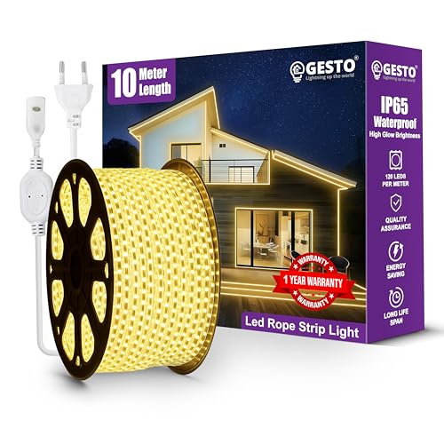 Image of Gesto 10 Meter Rope LED Strip Lights | 120 LED /Mtr Waterproof Outdoor Lights for Balcony, Home Decor, Cove Light for False Ceiling | Flexible, Cuttable Strip Light for Diwali Decoration - Warm White