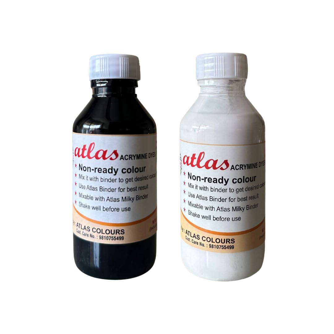 Atlas Colours Acramine Fabric Dyes – Combo Pack of 2 Colours (100 ml Each) | Permanent Colours for Sarees, Dupattas & Fabric Art | Workshop & Professional Use (Black + White)