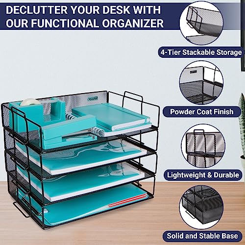 Stackable Paper Tray Desk Organizer – 4 Tier Metal Mesh Letter Organizers for Business, Home, School, Stores and More, Organize Files, Folders, Letters, Paper, Binders - Thumbnail 2