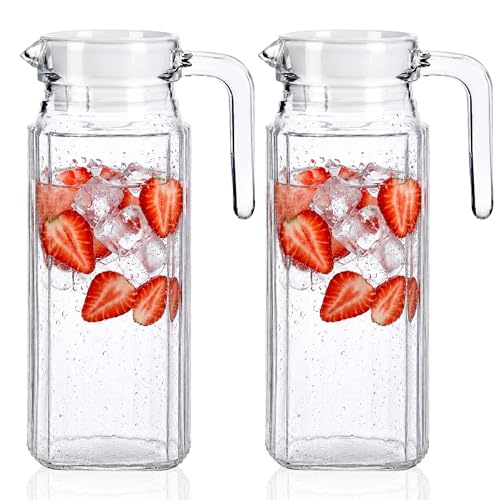 Jarra de Vidrio 1 Litro con Tapa, Jarra de agua de cristal para Nevera y Mesa, para Agua, Zumos, Leche e Infusiones, Diseño Compacto para Cocina, Hogar y Oficina. (x2, 1 litro)