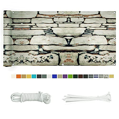 Balkon Sichtschutz, Balkonabdeckung 220 g/m² Innen Balkonverkleidung UV-Schutz (210Größen&21Farben) Ohne Bohren mit Ösen Kabelbinder und Kordel für Balkongeländer Terrasse,90X100CM Steinmuster